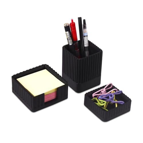 Desk Organizer Set of 3 for Office Accessories - Includes Pen Holder, Paperclip Storage, and Sticky Note Holder - Aesthetic Concrete Desktop Accessories for Women or Men, Office Decor (Black) - color: Black