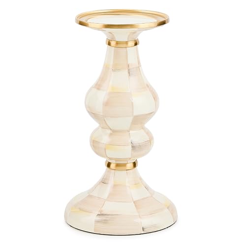 MACKENZIE-CHILDS Enamel Pillar Candlestick, Cute Pillar Candle Stand, Medium, Brown-and-White Mocha Check - color: Mocha Check, size: Medium