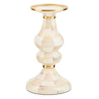 MACKENZIE-CHILDS Enamel Pillar Candlestick, Cute Pillar Candle Stand, Medium, Brown-and-White Mocha Check - color: Mocha Check, size: Medium