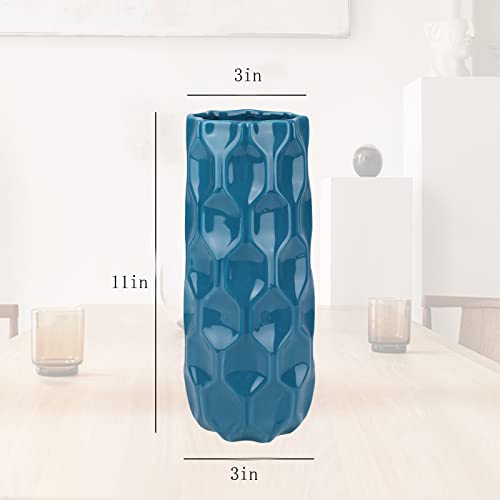 Bdor Ceramic Vase, 11in Flower Vase, Blue Honeycomb Vase for Room Decor, Modern Farmhouse Home DéCor Accents, Living Room Decor, Book Shelf, Mantel and Minimalism Dining Coffee Table Decor. - color: Blue