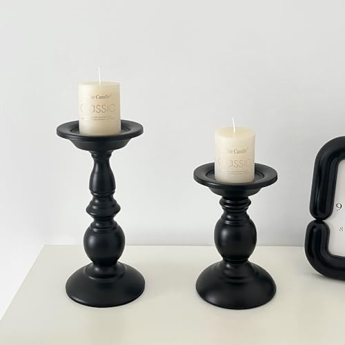 Pillar Candle Holders,Vintage Candle Holder for Table Centrepiece & Fireplace Decor,Decorative Antique Candle Stand for Dining & Living Room Decoration(Black, 6.3”×4.13”×4.13”)