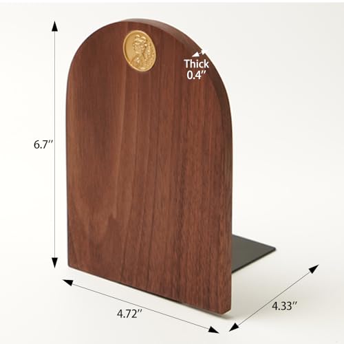 Black Walnut Wood Bookends for Shelves, 1 Pair (2 Pieces) Heavy Duty Solid Wood Book Ends with Embedded Metal Emblem, Decorative Book Supports for Home & Office