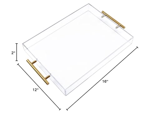 12"x16" Clear Acrylic Serving Tray with Golden Handles, Sturdy Huge Capacity Acrylic Tray for Coffee, Juice, Kitchen and Desk Organizer, Storage Tray (12"x16") - size: 16" x 12" x 2"