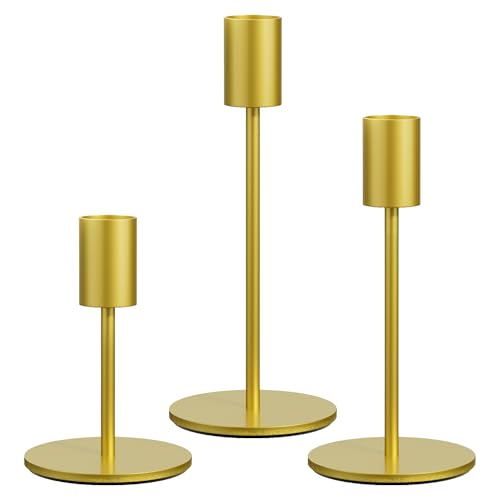 FSyueyun Gold Candle Holder Taper Candle Holders, Set of 3 Candle Stick Holders Decor for Mantel Table Centerpiece, Used for Wedding, Dinning, Housewarming Gift - color: Gold, size: Set of 3