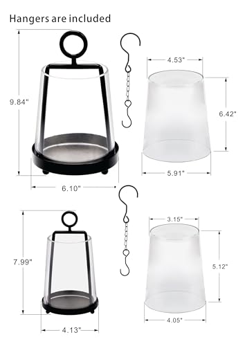 6" & 4" Wide Modern Farmhouse Metal Hurricane Candle Holder with Handmade Sturdy Glass Sleeve in Black for Pillar Candle & Plants, Glass Hurricane Lantern, Industrial, Minimalistic - color: Black, size: 6"x10" & 4"x7.5"