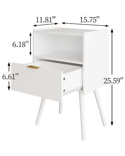 Veegle Nightstand,Modern Bedside Table with Storage Drawer and Open Wood Shelf, Accent Night Stand with Solid Wood Legs for Living Room, Bedroom and Small Spaces,Easy Assembly (White) - color: White
