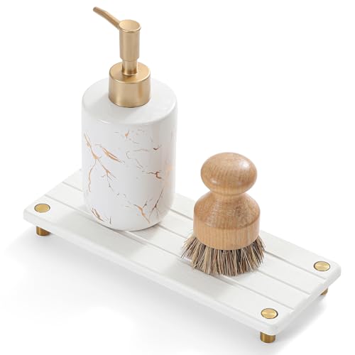 Razborci Instant Dry Sink Caddy Kitchen Sink Organizer, Quick Drying Diatomaceous Earth Stone Sink Tray Sponge Holder Soap Dish, Bathroom Countertop Vanity Dispenser Toothbrush, Gold White, 10" x 4" - color: 1. Gold - White, size: 10" x 4" x 1"