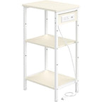 Asgolion Tall End Table with Charging Station, 3 Tier Narrow Tall Nightstand with Storage, Slim Side Table for Bedroom, Living Room, Nursery, Office, Cream White - color: Cream White, style: With Outlet