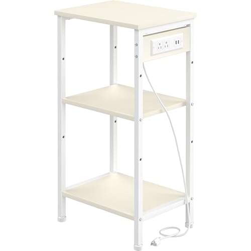 Asgolion Tall End Table with Charging Station, 3 Tier Narrow Tall Nightstand with Storage, Slim Side Table for Bedroom, Living Room, Nursery, Office, Cream White - color: Cream White, style: With Outlet