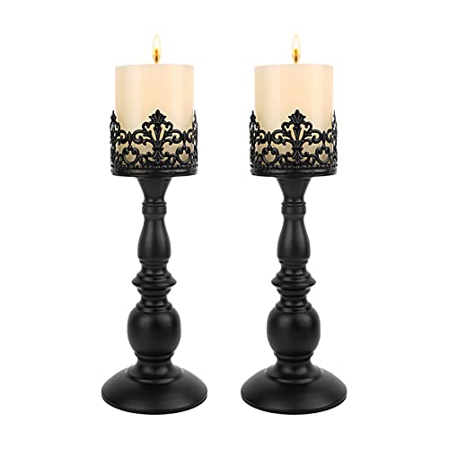 Candle Holders for Pillar Candles Gothic Matte Black Vintage Tall Candle Holders Set of 2 Decorative Large Table Centerpieces Candle Stand Decor (Black 2PCS A) - color: Black 2pcs a