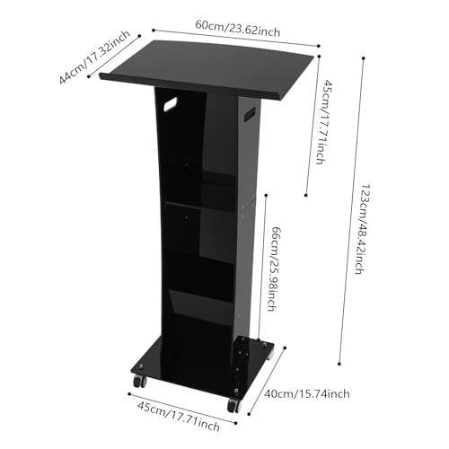 Acrylic Podium Stand with Wheels, 48.42 Inches Speaking Lectern Stand Portable Black Podium Lectern with 23.62 x 17.32 Inches Sloping Tabletop Capacity 33.07lbs for Schools, Churches - color: Black(acrylic)