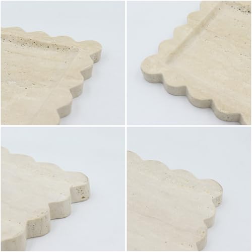 Square Marble Decorative Tray with Scalloped Edge, Luxury Natural Stone Bathroom Vanity Tray, Dresser Top Perfume Coffee Home Kitchen Sink Tray, Key Trinket Ring - color: Beige Travertine