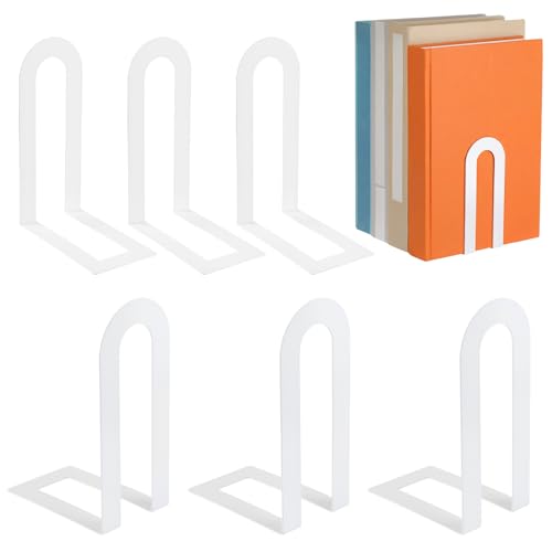 Chunful 6 Pcs White Book Ends for Shelves Modern Metal Bookends Decorative Small Bookends Book Shelf Organizer Minimalist Design Stopper to Hold Books for Home Office (5.5 * 3.75 * 2.25inch) - color: White, size: 5.5*3.75*2.25inch