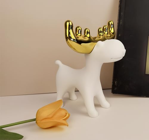 Modern White Resin Deer Figurine with Gold Antlers – 7.48 x 69 x 7.72 Minimalist Animal Sculpture for Home & Desk Decor(Standing/Reclining Style) - size: H 7.72 in White A