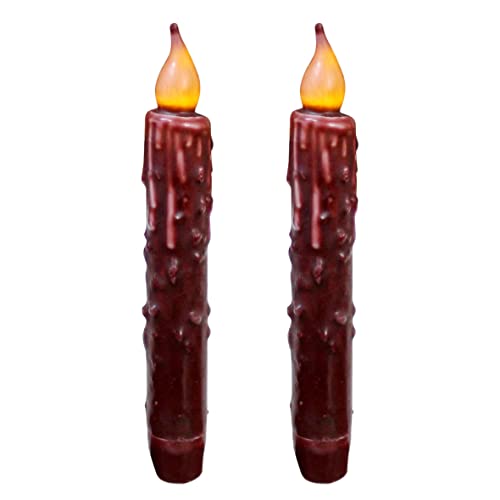 CVHOMEDECO. Real Wax Hand Dipped Battery Operated LED Timer Taper Candles Country Primitive Flameless Lights Décor, 6-3/4 Inch, Burgundy, 2 PCS in a Package - color: Burgundy 2 Pcs