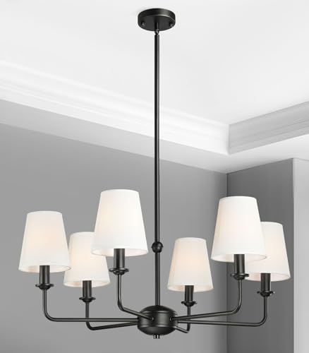 6-Light Black Pendant Chandelier with Fabric Shades, E12 Base - Farmhouse & Industrial Style for Kitchen, Living Room, Dining Room, or Bedroom Lighting - color: 6 Light+Black
