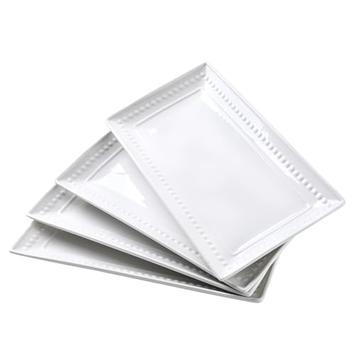 14 inch Ceramic Serving Platter - Rectangular Serving Trays Set of 4, Large Embossed Plates, Porcelain White Platters for Steak, Appetizer, Dessert, Tacos, Housewarming, Oven Dishwasher Safe