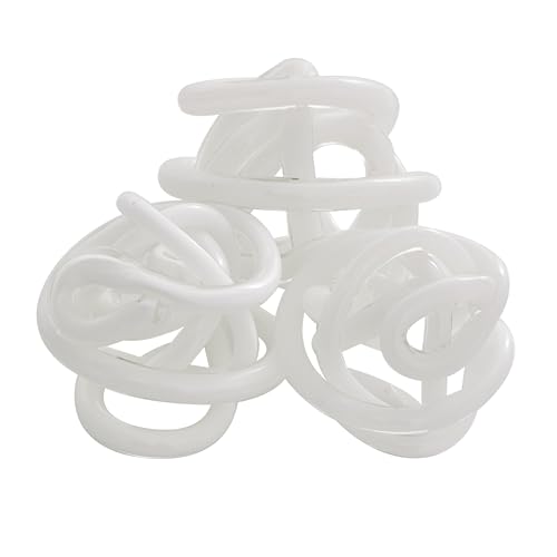 Deco 79 Glass Abstract Handmade Decorative Sculpture Iridescent Knotted Ball Home Decor Statues, Set of 3 Accent Figurines 5", 4", 4"W, White - color: White