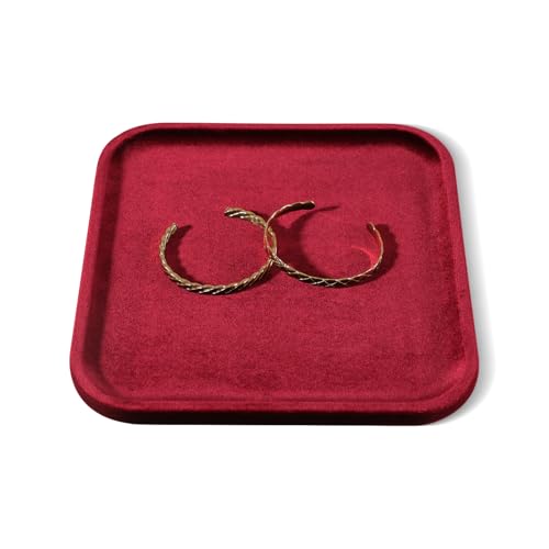 Resilient Velvet Jewelry Display Tray for Ring Earrings Bracelet Necklace, Flat Jewellery Dish for Showcase Store Retail Counter Exhibition Photography Livestream (Red, Large) - color: Red, size: Large