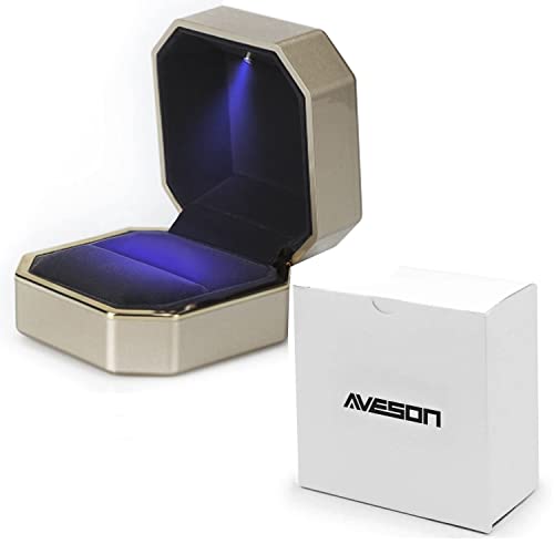 Luxury Ring Box, Square Velvet Wedding Ring Case Jewelry Gift Box with LED Light for Proposal Engagement Wedding, Gold - color: Gold, size: Ring Box