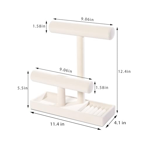 ByKen Multi-Functional 2 Tier Jewelry Holder,Necklace Bracelet Holder with Earrings Rings Tray,Jewelry Organizer Stand for Scrunchie Watches(Beige Velvet)