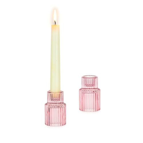 Glasseam Glass Tapered Candlestick Holders: 2 Pcs Ribbed Pink Candle Sticks Holder Decor Modern Fluted Taper Candle Holders for Table Centerpiece Pink Wedding Decor Valentine Dinner Parties - color: Pink