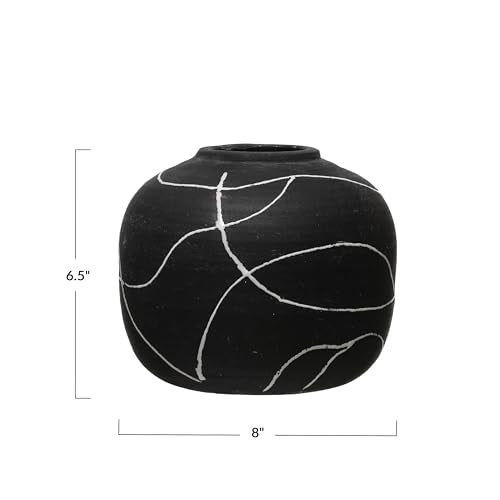 Creative Co-Op Round Decorative Stoneware Vase with Hand-Painted Intersecting Lines, Black and White