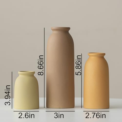 Ceramic Vase Set-3, Small Flower Vases for Decor, Modern Boho Farmhouse Style, Decorative Vases for Pampas Grass & Dried Flowers, Distressed Finish (Brown Mix) - color: Brown Mix