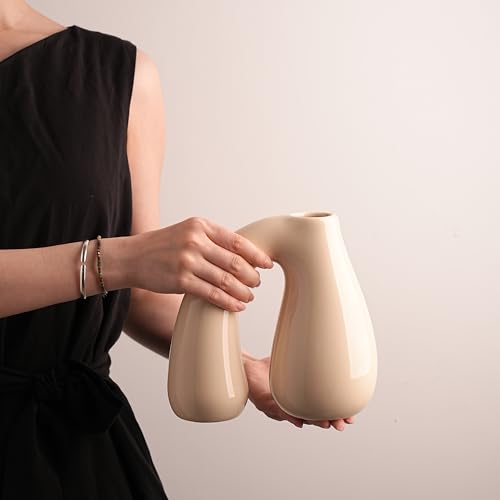 Cream White Ceramic Vase for Modern Home Decor 7.5" Sculptural U-Shape Pitcher Vase Arch Handle, Small Neutral Aesthetic Flower Vase for Pampas Grass, Dried Flowers, Shelf Entryway Decor PROBENEX - color: White