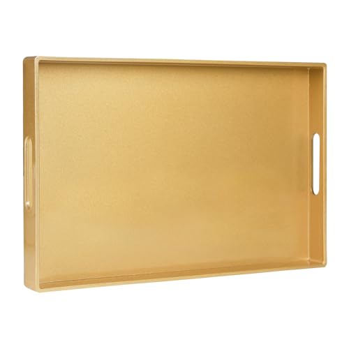 MAONAME Gold Decorative Tray for Coffee Table, Modern Serving Tray with Handles, Plastic Ottoman Trays for Living Room, Bathroom Decor, 15.8" L x 10.2" W x 1.4" H - color: Gold, size: 15.8" x 10.2" x 1.4"