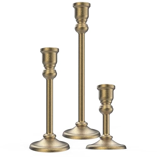 3-Piece Metal Candle Holders Set - Heavy Duty Alloy Taper Candlesticks for Table Centerpiece, Christmas, Dinner Party, Vintage Home Decor - 5-7.5 -10.3Inch Tall, Antique Gold Finish (Gold) - color: Gold