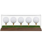 Hole in One Golf Ball Display Case Golf Ball Display Case Holder for 5 Golf Balls Wanult Wood Base Acrylic Golf Ball Holder Stand Lifelike Turf Wood Tee Memorabilia Showcase Cube Box Stand Gift Decor
