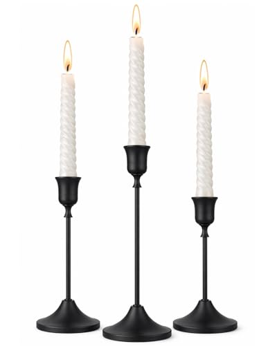 Black Taper Candle Holders Set of 3, Metal Vintage Candlestick Stands for Dining Table Centerpiece, Wedding Decor, Fireplace Mantel, Housewarming Gift - color: Black