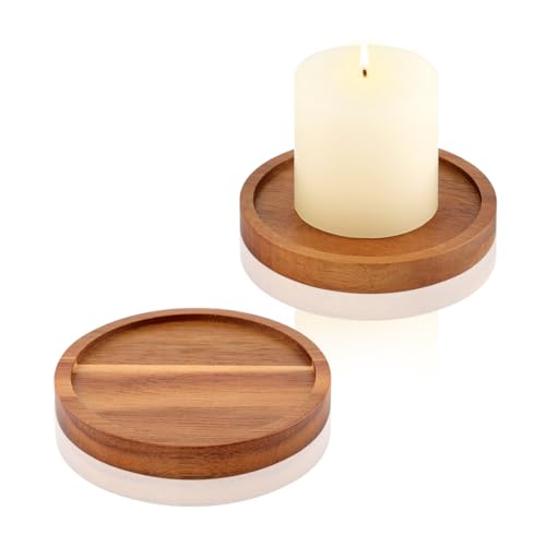 Wood Candle Holder Farmhouse Decor - HALE OTEIR Wooden Pillar Candles Holder for Pillar Floating Candles Set of 2 Round Wooden Plate Pedestal Stand for Coffee Table for Christmas Decor - color: Wood-colored