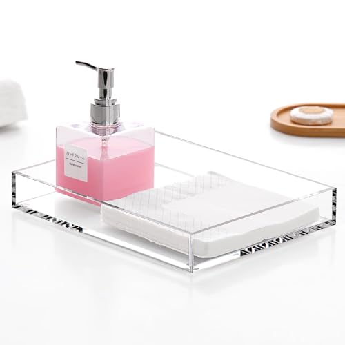 DINGHUO Acrylic Perfume Bathroom Vanity Counter Tray, Clear 9.45"x7.09"x1.38" Rectangle Countertop Organizer for Jewelry Candles Soap Makeup Toilet Tank Kitchen - 1 Pack - style: Small Acrylic Tray