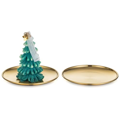 Romadedi Gold Pillar Candle Holders Decor - 5.5 Inch Round Candle Tray Decorative Brass Metal Plate Candle Srand for 3 Wick Candles Jars for Coffee Table Countertop Home Decorations, Set of 2