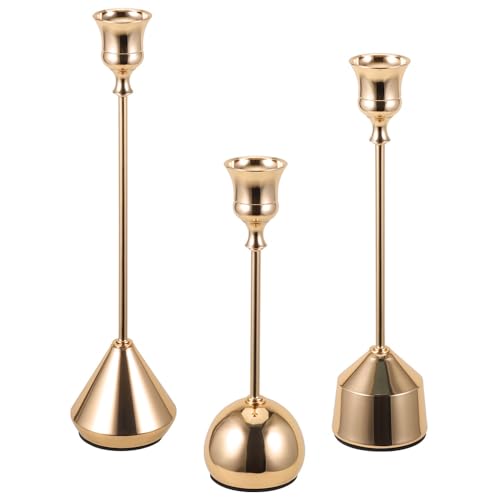 Elegant Vintage Champagne Gold Candlestick Holders, Set of 3 Taper Candle Holders with Weighted Base for Wedding, Dining Table, Holiday Decor - color: Gold