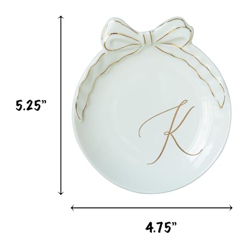 COLLECTIVE HOME Custom Initial Ceramic Jewelry Tray with Bow - Ring Holder & Earring Dish | Christmas Gift Idea for Women, Unique Birthday Present for Her (K) - color: K