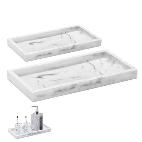 2 Packs Silicone Bathroom Vanity Tray Large 11.8" ＆ Small 7.8" Set - Rectangle Shatterproof Flexible Bathroom Tray for Soap Dispenser, Tissues, Candles, Towel, Plant, Perfume Key - color: White 11.8" & 7.8"