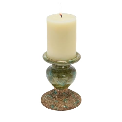 Creative Co-Op 2-Tone Sculptural Terracotta Pillar Candle Holder, Distressed Green - color: Green, size: 4.5" W x 5.25" H
