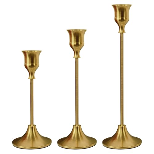 NLBTW Brass Gold Candlestick Holders Taper Candle Holders, Set of 3 Vintage Candle Sticks Holder Decor Used as Fireplace Mantel or Table Centerpieces for Wedding, Dinning, Party - color: Brass Gold, size: 1 set (3 pcs)