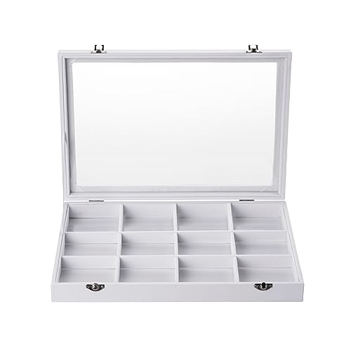 Frebeauty Velvet Jewelry Tray,12 Grid Jewelry Organizer with Clear Lid,Bracelets Holder,Jewelry Display Case with Clasp,Drawer Insert Bangle Brooch,13.8 x 9.5 x 2 Inches,Gift for Women Girls(White) - color: White, size: 12 Grid