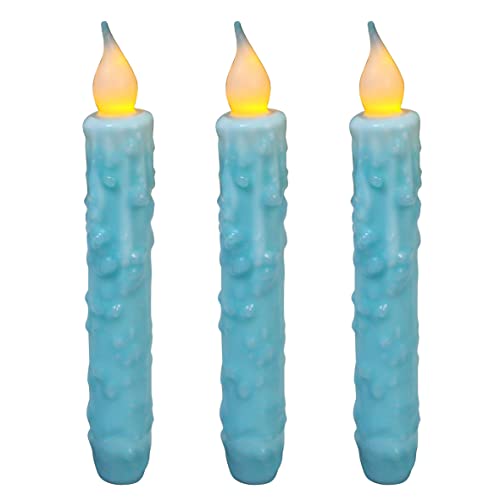 CVHOMEDECO. Real Wax Hand Dipped Battery Operated LED Timer Taper Candles Rustic Primitive Flameless Lights Decor, 6-3/4 Inch, Teal, 3 PCS in a Package - color: Teal 3 Pcs