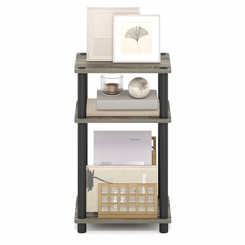 Furinno JUST Side Table Set of 2, 3-Tier End Tables, Open Shelves Night Stand, Nightstand, Toolless Assembly, for Living Room, Bedroom, French Oak - color: French Oak Grey/Black, size: 3-Tier, Round Pole, style: 2-Pack