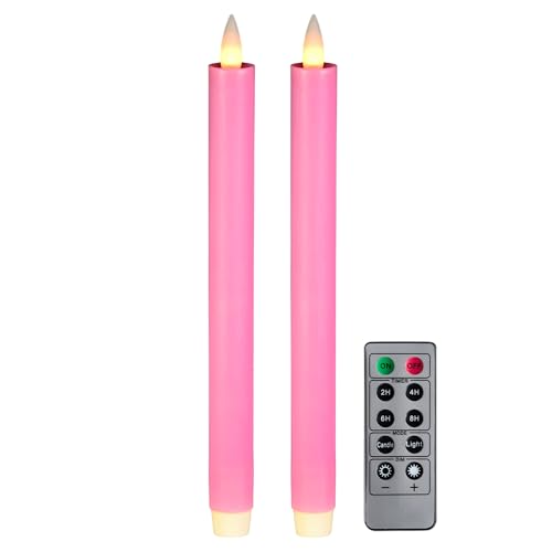 Flameless Taper Candles Flickering with Remote and Timer, 3D Moving Flame Taper Candle Battery Operated to 400 Hours, 9 Inch Window Candles, (Pink) - color: Pink