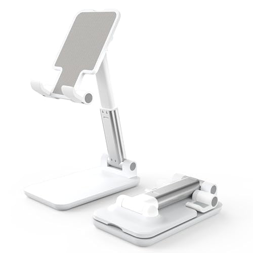 Cell Phone Stand, Adjustable Angle and Height Cell Phone Holder for Desk, Foldable and Portable, Anti-Slip Silicone Pad, Compatible with All Mobile Phones and 4-8 Inch Devices, White - color: White