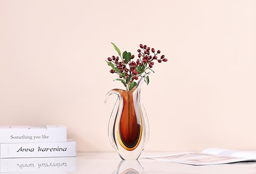 Blown Glass vase, Unique Murano Style Glass Art Deco vase for Living Room TV Stand, Table Setting, Office, Room and Desktop Decorations and Ornaments. - color: Amber