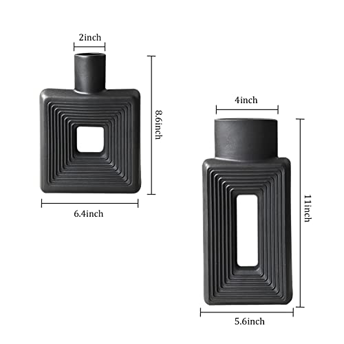 Black Ceramic Vase Set of 2，Square Vase Rustic Home Decor Minimalist Nordic Boho Style for Living Room, Shelf, Table, Bookshelf, Mantel and Entryway Decor Vases - color: Square Black
