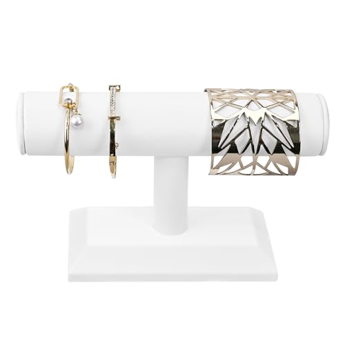 MOOCA T-Bar Deluxe Wooden Bracelet Holder Display, Watch Hoder, Bracelet Display Stand, Jewelry Stand Organizer, White Leatherette - color: White Faux Leather