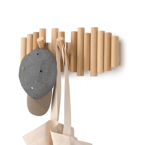 Umbra Picket Coat Rack Wall Mount – 5 Flip-Down Wood Coat Hooks, Modern & Functional Storage, Easy Install Wall Hooks, Natural - color: Natural, size: 5-Hook